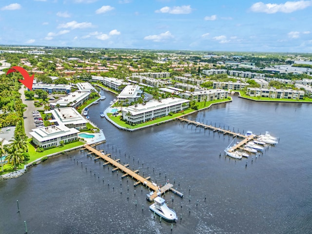 drone / aerial view featuring a water view