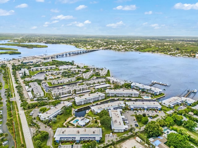 drone / aerial view featuring a water view