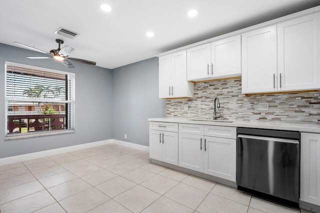 kitchen with white cabinets, decorative backsplash, sink, ceiling fan, and stainless steel dishwasher