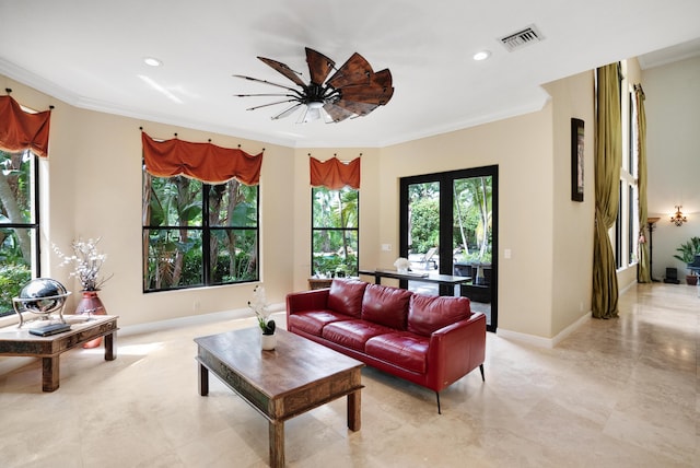 living room with crown molding