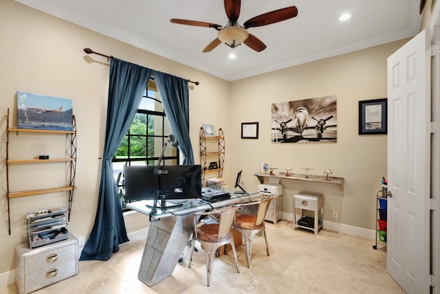 home office with ceiling fan and ornamental molding