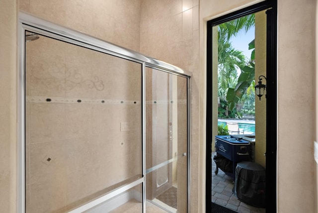 bathroom featuring plenty of natural light and a shower with shower door