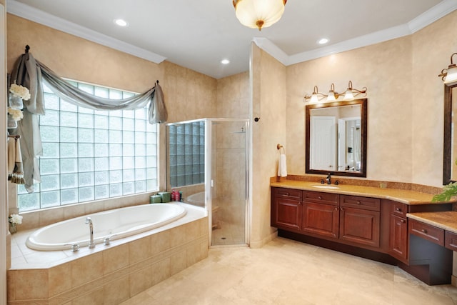 bathroom featuring shower with separate bathtub, vanity, and crown molding