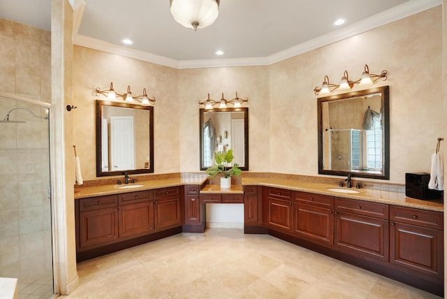 bathroom featuring vanity, ornamental molding, and walk in shower