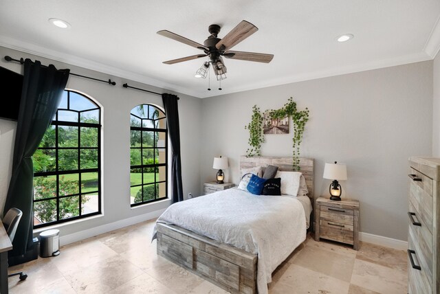 bedroom with crown molding and ceiling fan