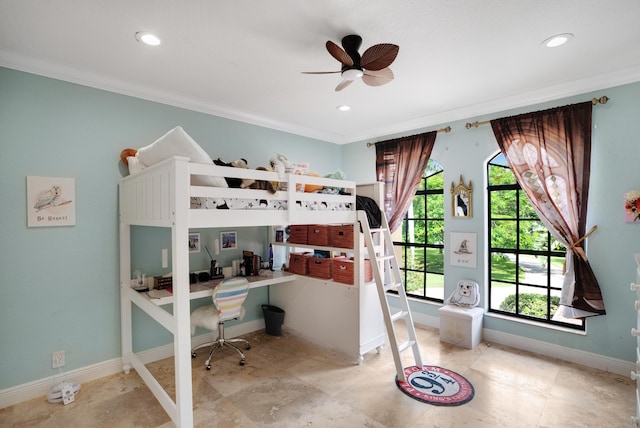 bedroom featuring ceiling fan and ornamental molding