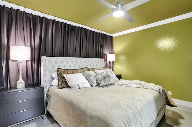 bedroom with crown molding and ceiling fan