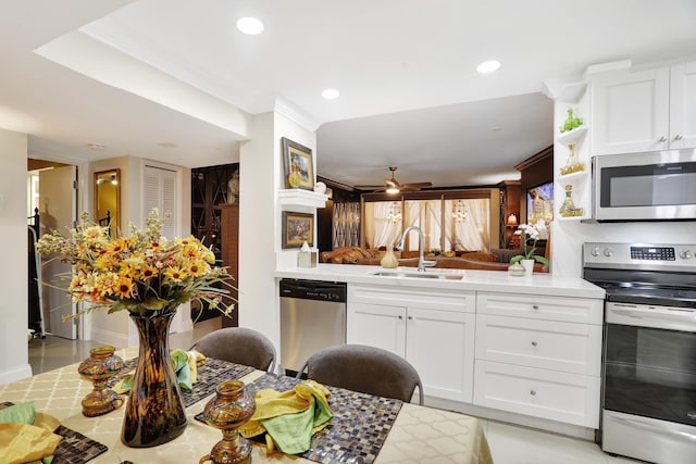 kitchen featuring stainless steel appliances, white cabinetry, sink, and kitchen peninsula