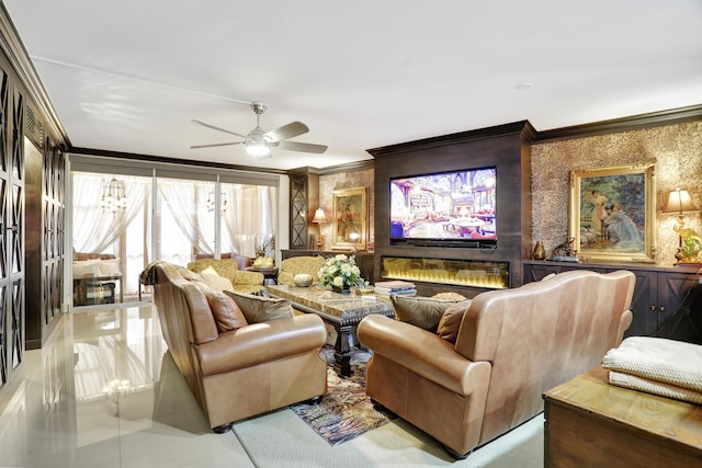 cinema room featuring ornamental molding and ceiling fan