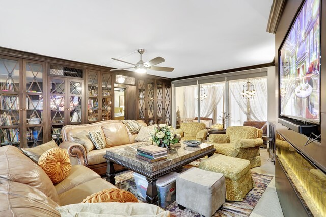 living room featuring ceiling fan