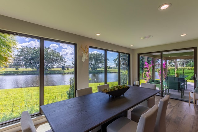 interior space with a water view, a healthy amount of sunlight, and wood-type flooring