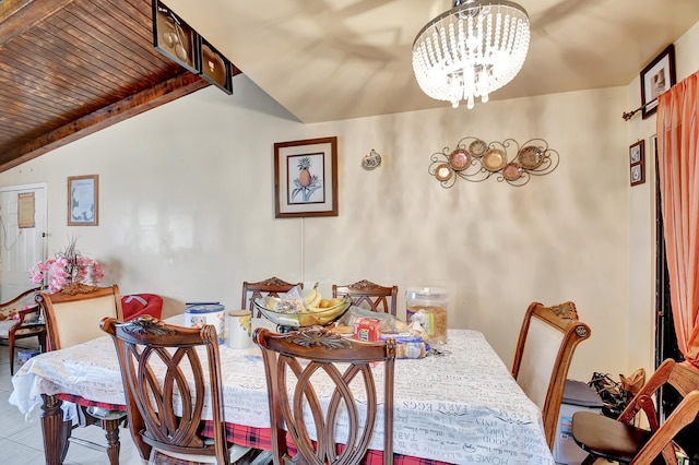 tiled dining area featuring an inviting chandelier, wooden ceiling, and lofted ceiling