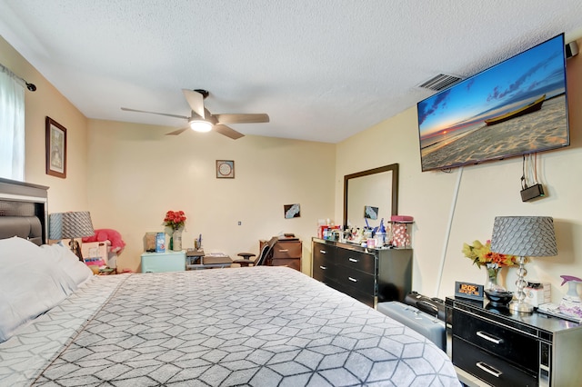 bedroom with a textured ceiling and ceiling fan