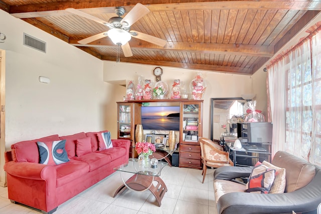 tiled living room with ceiling fan, beamed ceiling, and wooden ceiling