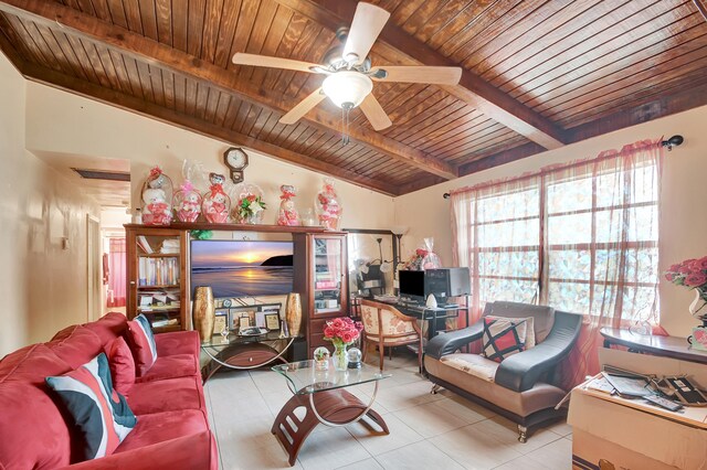 tiled living room with wood ceiling, plenty of natural light, ceiling fan, and vaulted ceiling with beams