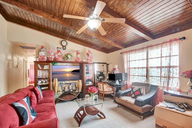 living room featuring light tile patterned flooring, ceiling fan, plenty of natural light, and wood ceiling