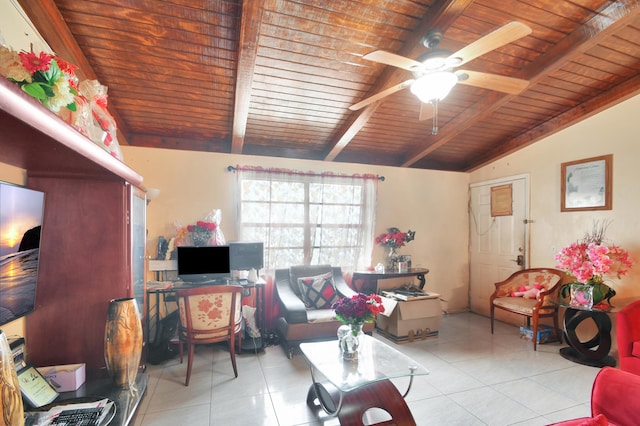 living room with light tile patterned flooring, wooden ceiling, ceiling fan, and vaulted ceiling with beams