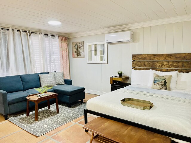 tiled bedroom featuring a wall unit AC, wooden ceiling, visible vents, baseboards, and crown molding