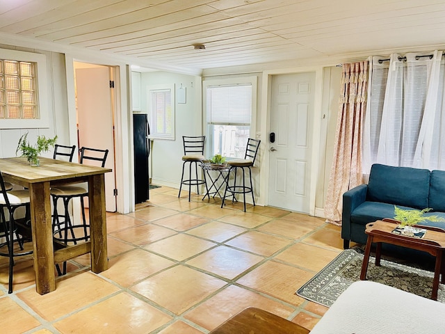 living area featuring wood ceiling