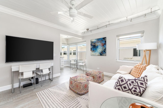 living room featuring ceiling fan, ornamental molding, track lighting, and light wood-type flooring