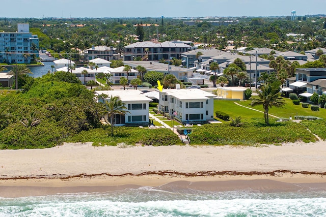 aerial view featuring a beach view and a water view