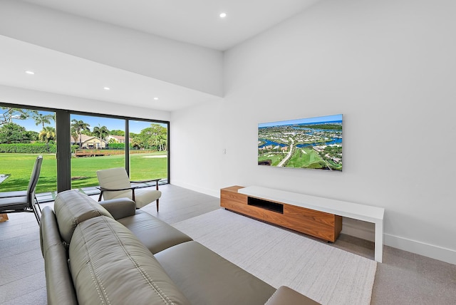 living room featuring a towering ceiling