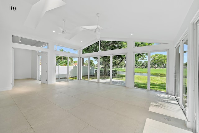 interior space featuring ceiling fan and lofted ceiling