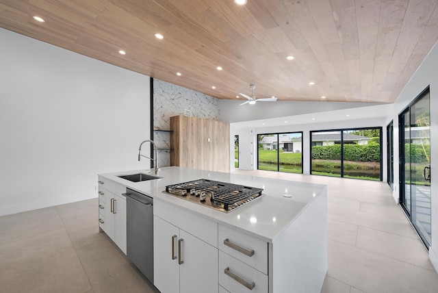 kitchen featuring white cabinetry, appliances with stainless steel finishes, sink, and a kitchen island with sink