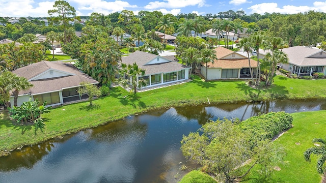 aerial view featuring a water view