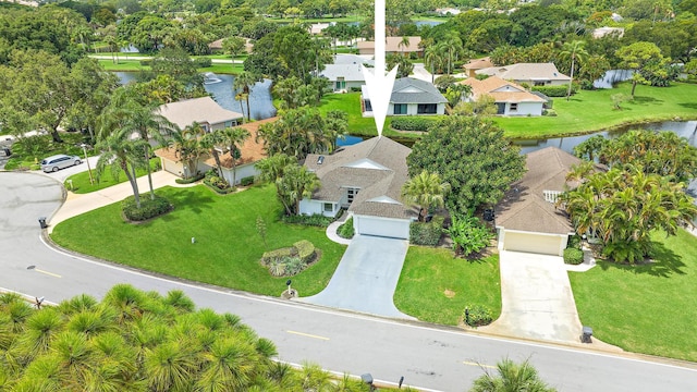 bird's eye view with a water view