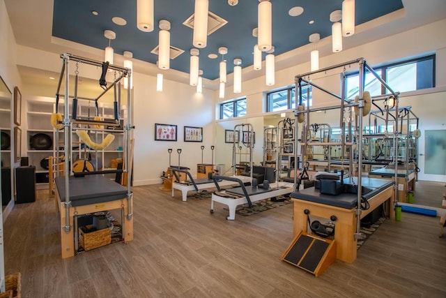 gym featuring a tray ceiling, hardwood / wood-style flooring, a wealth of natural light, and a high ceiling