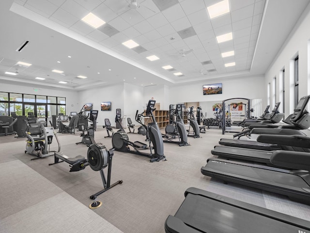 gym featuring ceiling fan, a drop ceiling, and light colored carpet