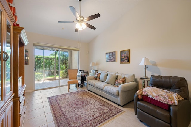 tiled living room featuring high vaulted ceiling and ceiling fan