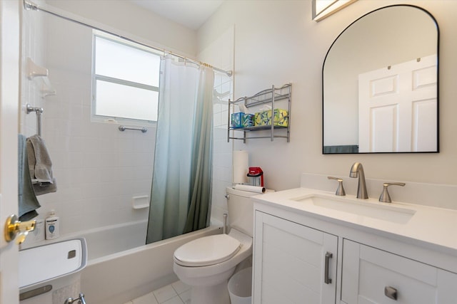 full bathroom with vanity, shower / tub combo with curtain, tile patterned floors, and toilet