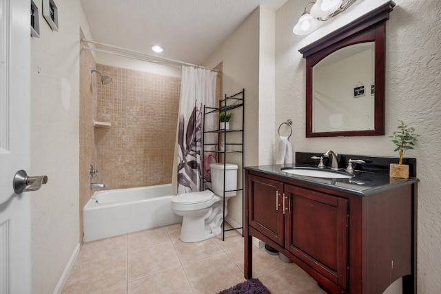 full bathroom featuring shower / bath combination with curtain, tile patterned flooring, a textured ceiling, toilet, and vanity