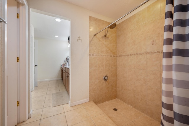 bathroom with vanity, tile patterned flooring, and a shower with shower curtain