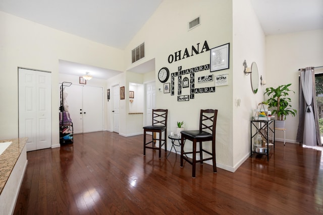 interior space featuring high vaulted ceiling and dark hardwood / wood-style floors