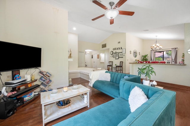 living room with ceiling fan with notable chandelier, dark hardwood / wood-style flooring, and vaulted ceiling