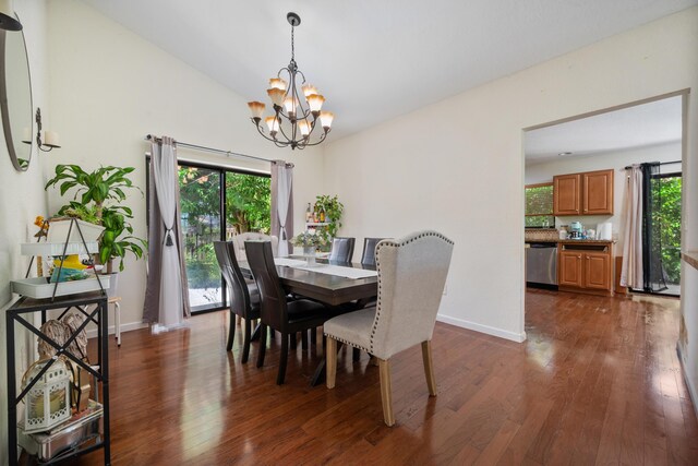 dining space with a chandelier, plenty of natural light, and dark wood-type flooring