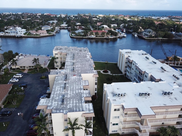 bird's eye view with a water view