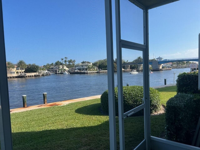 view of water feature with a boat dock