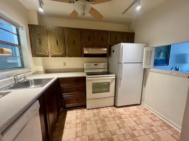 kitchen with sink, white appliances, track lighting, and ceiling fan