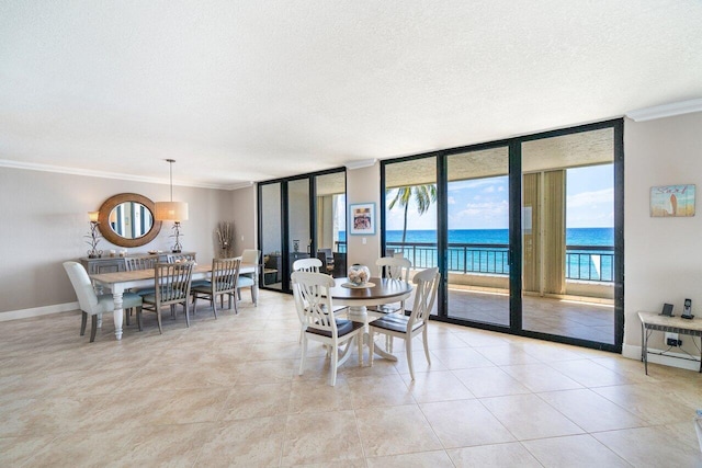 dining area with crown molding, a textured ceiling, and a water view