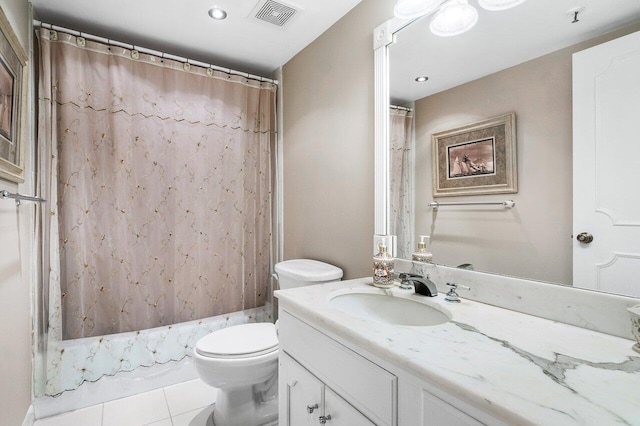 full bathroom featuring tile patterned flooring, vanity, shower / bathtub combination with curtain, and toilet