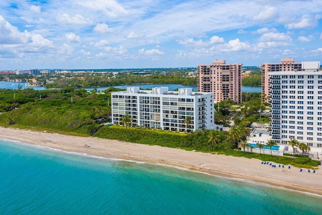 aerial view featuring a water view and a view of the beach