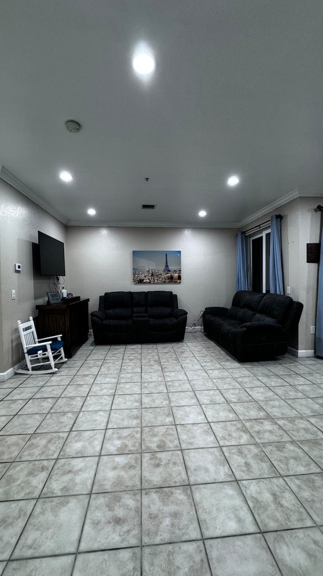 living room with crown molding and light tile patterned floors