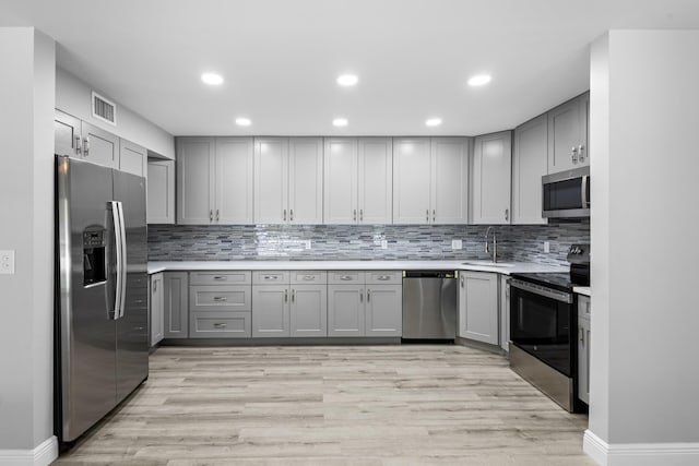 kitchen with appliances with stainless steel finishes, sink, and gray cabinetry