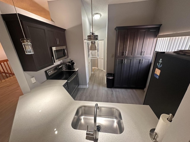 kitchen with sink, dark brown cabinets, stainless steel appliances, and light hardwood / wood-style floors