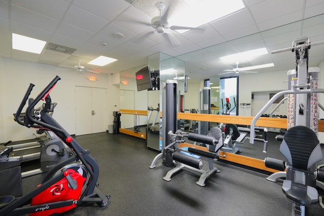 exercise room featuring ceiling fan and a drop ceiling