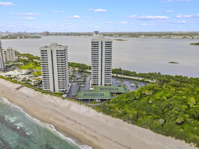 aerial view featuring a water view and a view of the beach